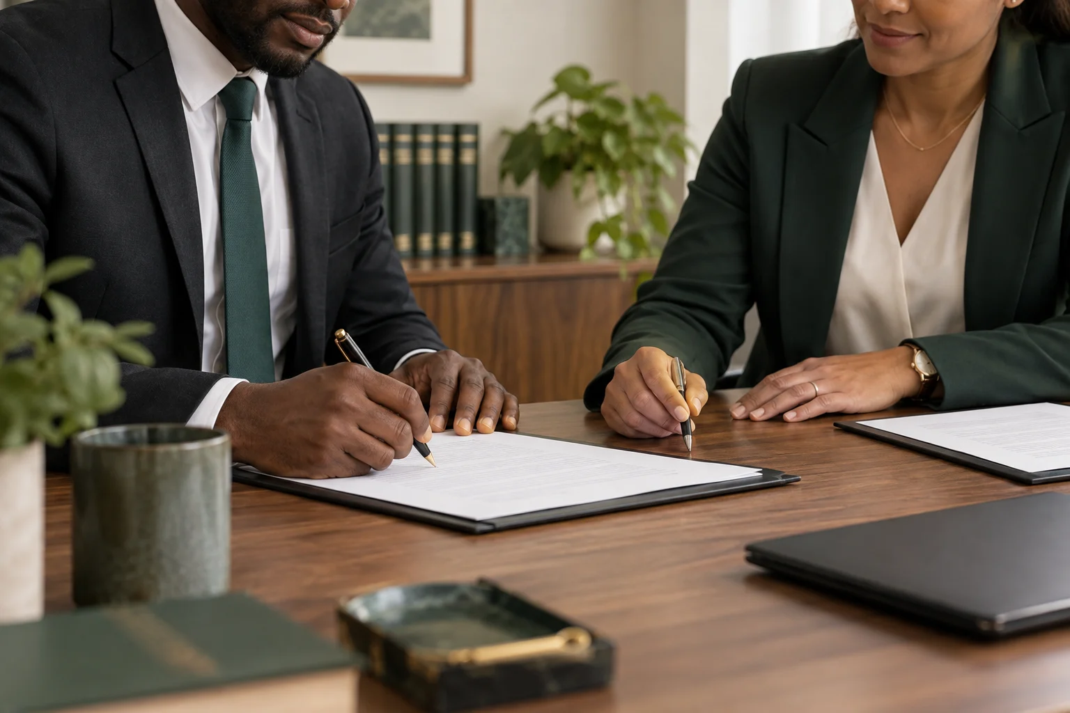 Attorney and client signing legal documents during a consultation