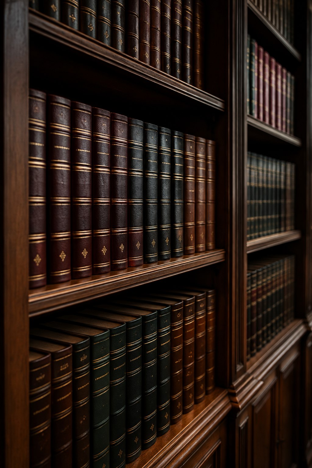 Traditional leather-bound legal books in a law library